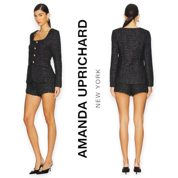 Amanda Uprichard Long Sleeve Black with Silver Luxe Tweed Kya Romper S $277msrp - Picture 1 of 12